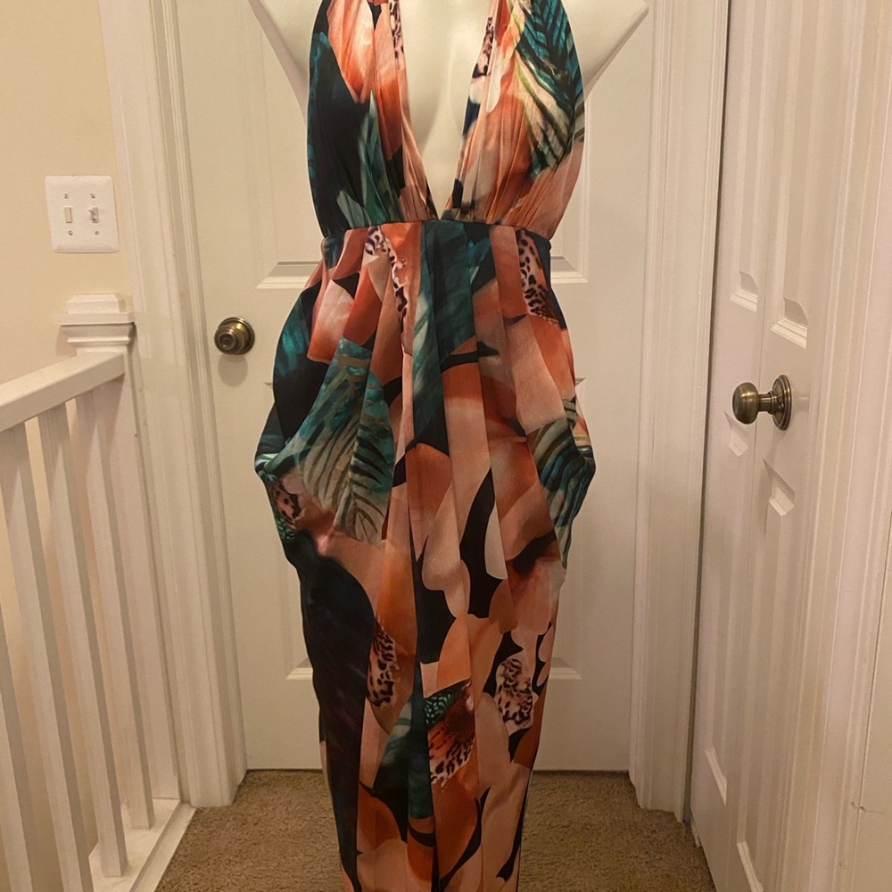 Tropical Print Halter Maxi Dress - Peach & Teal